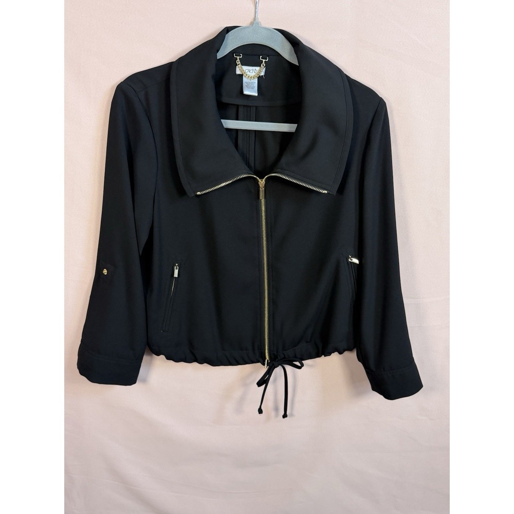 Cache Retro Small Black W Gold Accent Zipper Front Full Or 3/4 Sleeve Jacket